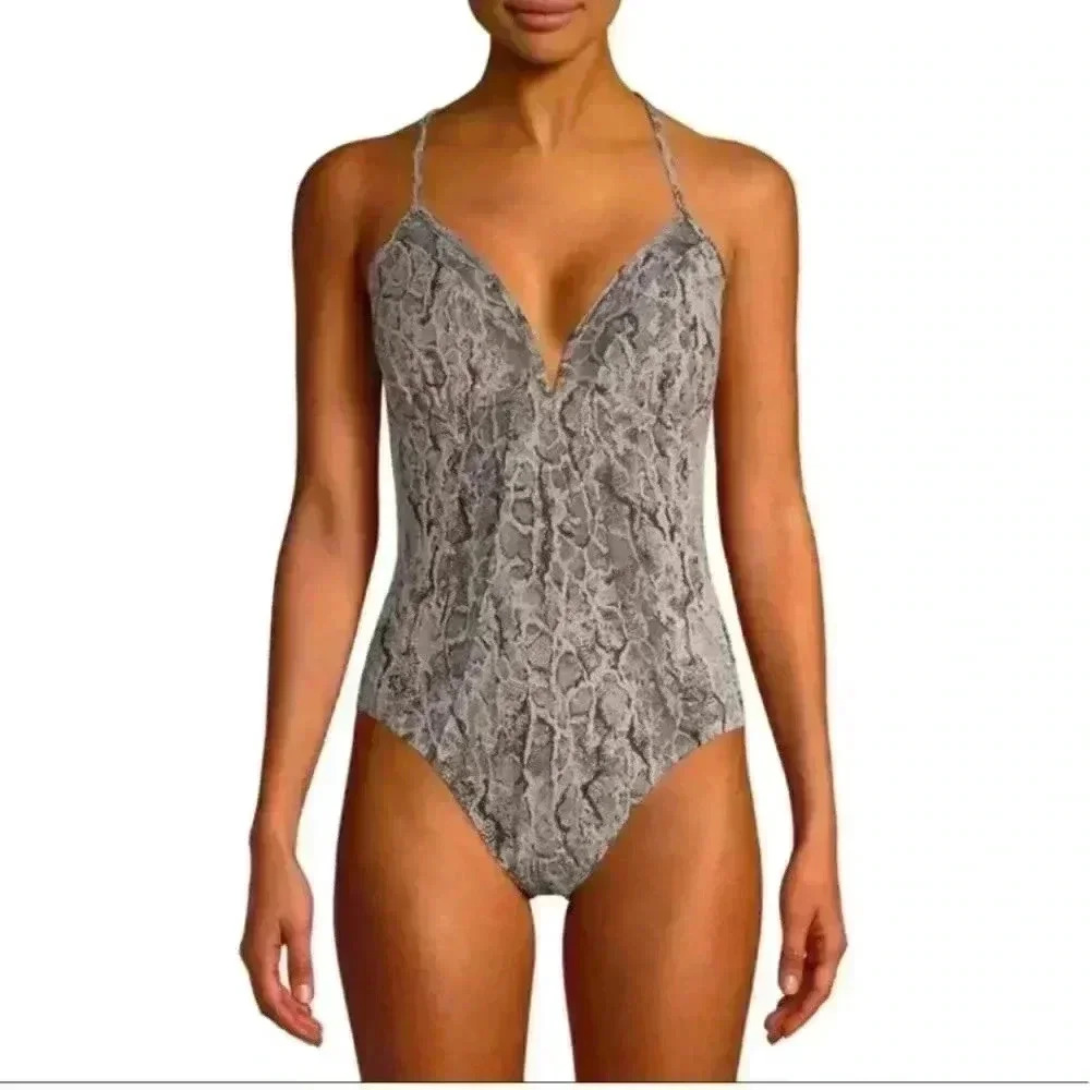 Time and Tru Gray Snake Print One-Piece Swimsuit